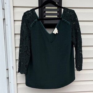 Sezane Forest Ladies Green Crochet Sleeve Blouse-10